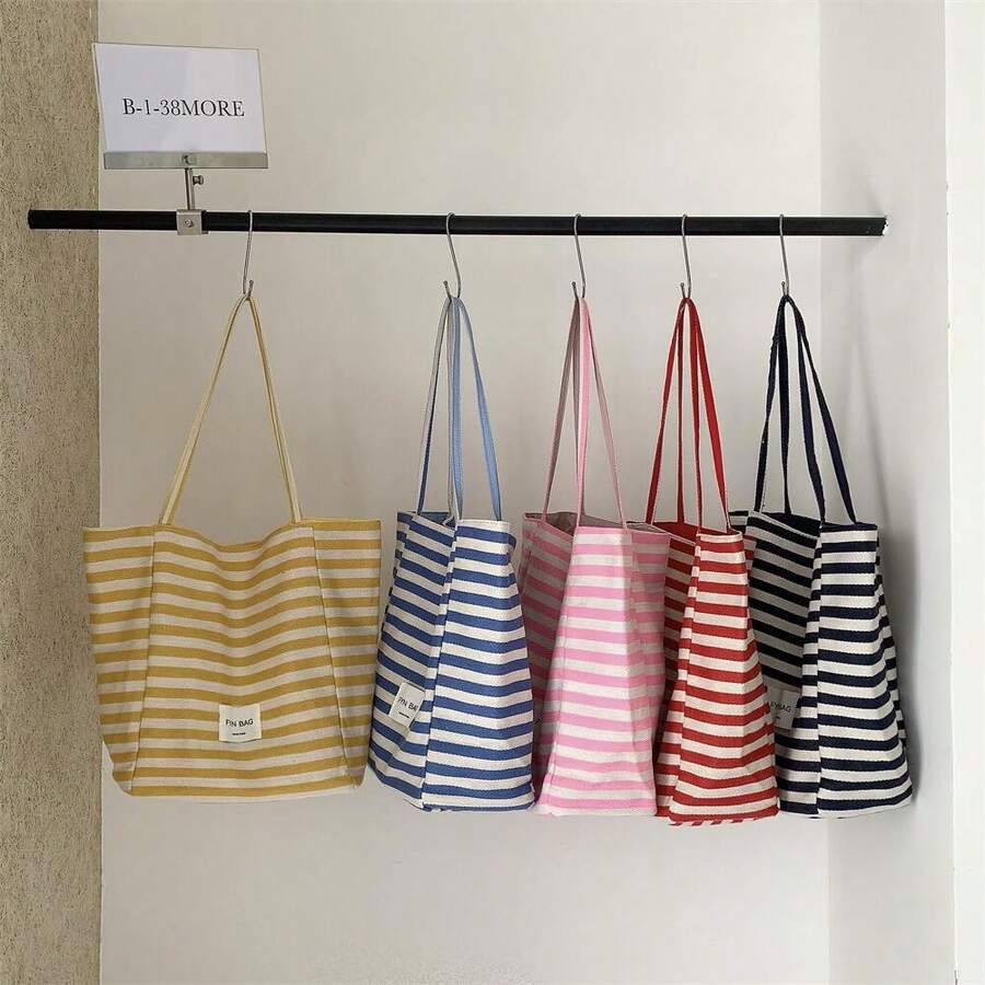 [Canvas] Striped Bag 2025 New Korean Style Ins Tote Casual Shoulder Tote Bag Korean Style Women's Bag