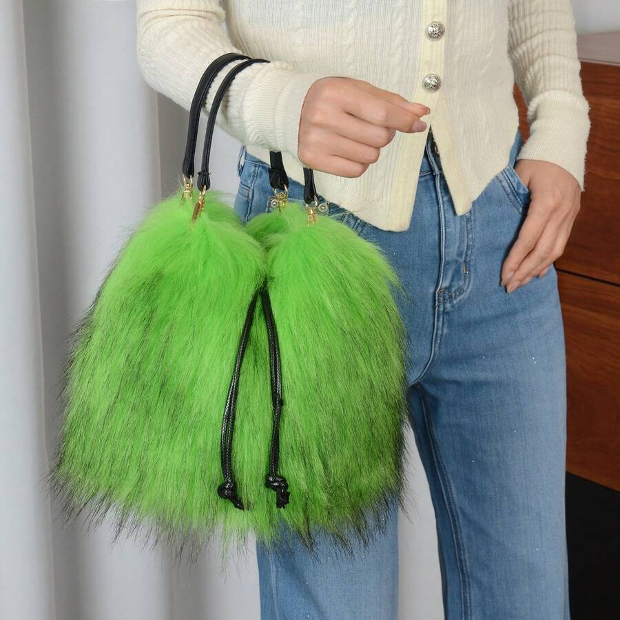 Women Winter Faux Fur Top‑Handle Bucket Tote Bag, Chic Handbag For Halloween Christmas Club Party, Thoughtful Holiday Gift For Her