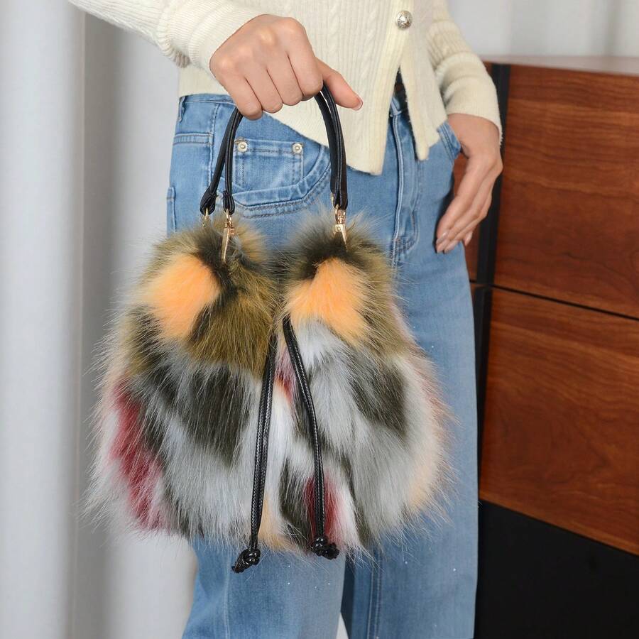 Women Winter Faux Fur Top‑Handle Bucket Tote Bag, Chic Handbag For Halloween Christmas Club Party, Thoughtful Holiday Gift For Her