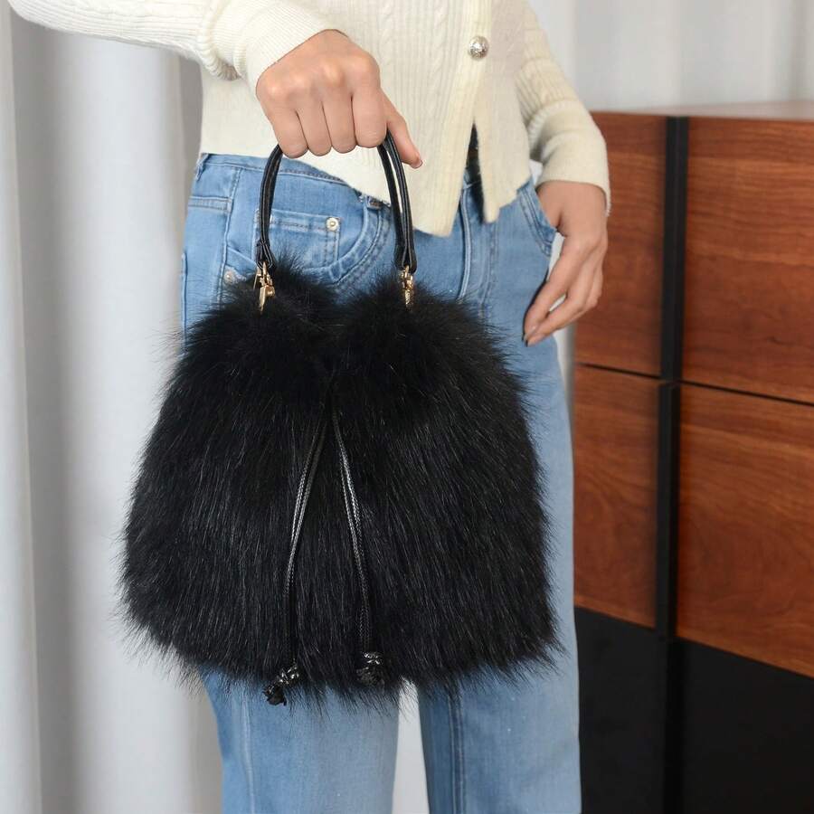 Women Winter Faux Fur Top‑Handle Bucket Tote Bag, Chic Handbag For Halloween Christmas Club Party, Thoughtful Holiday Gift For Her