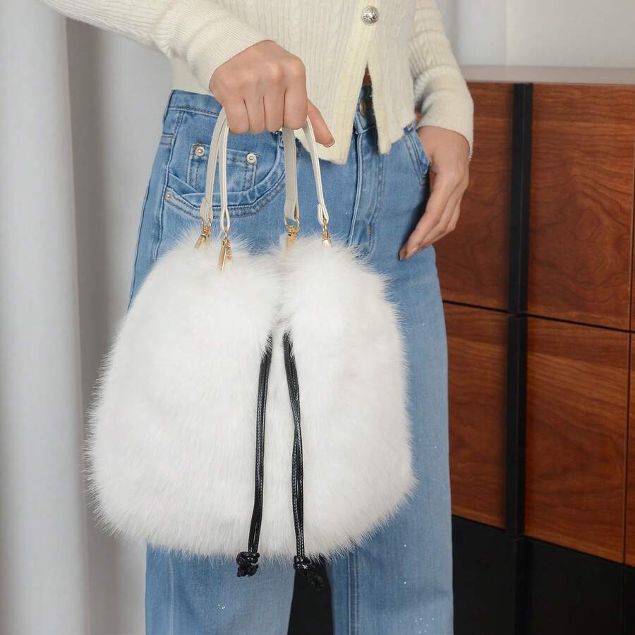 Women Winter Faux Fur Top‑Handle Bucket Tote Bag, Chic Handbag For Halloween Christmas Club Party, Thoughtful Holiday Gift For Her