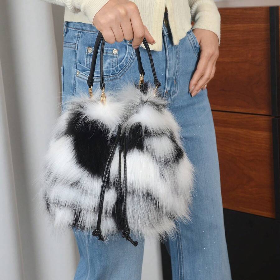 Women Winter Faux Fur Top‑Handle Bucket Tote Bag, Chic Handbag For Halloween Christmas Club Party, Thoughtful Holiday Gift For Her