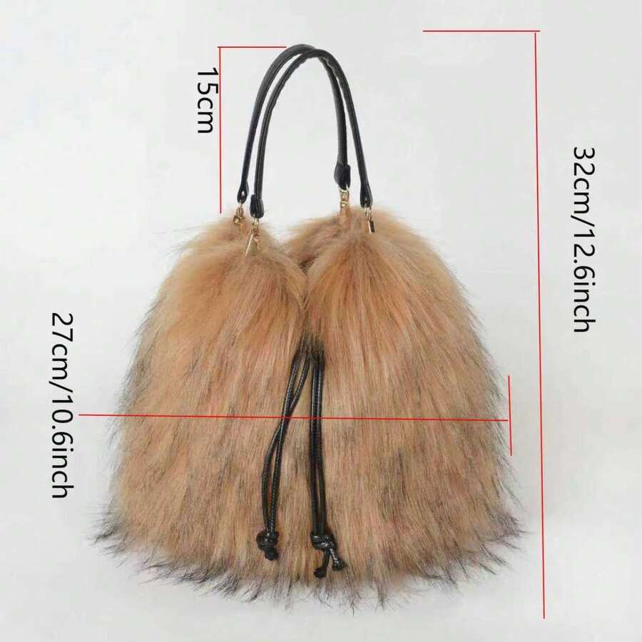 Women Winter Faux Fur Top‑Handle Bucket Tote Bag, Chic Handbag For Halloween Christmas Club Party, Thoughtful Holiday Gift For Her