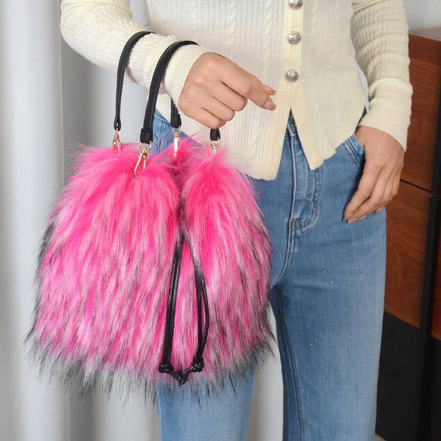 Women Winter Faux Fur Top‑Handle Bucket Tote Bag, Chic Handbag For Halloween Christmas Club Party, Thoughtful Holiday Gift For Her