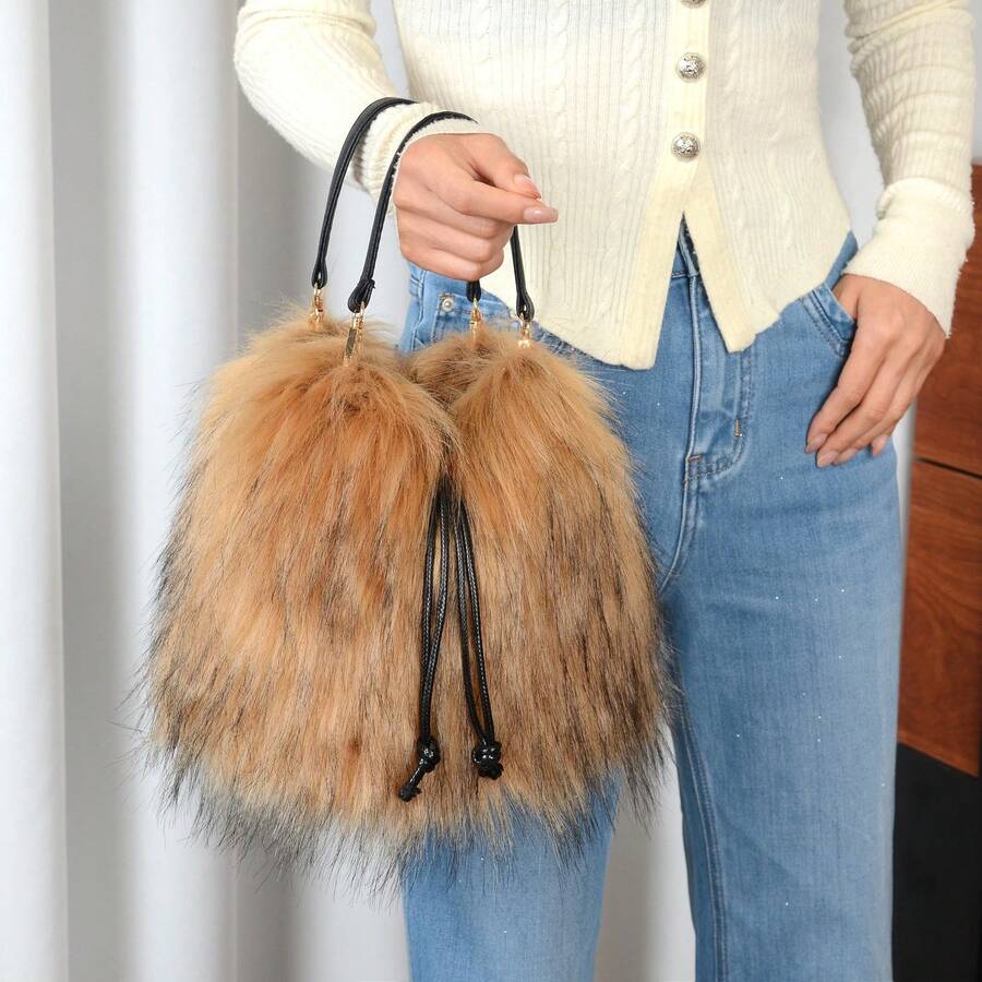 Women Winter Faux Fur Top‑Handle Bucket Tote Bag, Chic Handbag For Halloween Christmas Club Party, Thoughtful Holiday Gift For Her