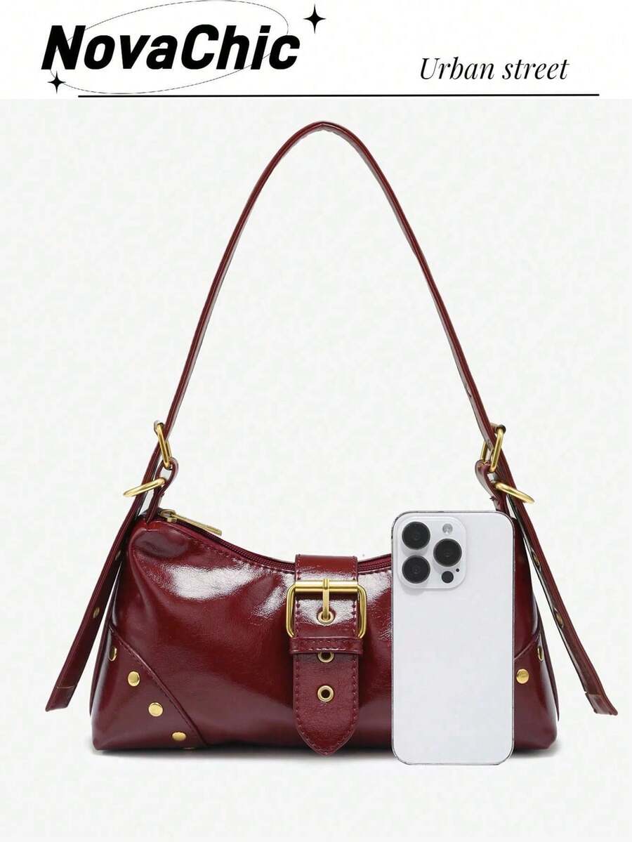 Retro Maillard Soft, Aged, Brushed, Artificial Leather Motorcycle Packaging Decoration Shoulder Underarm Bag, French Stick Bag, Square Bag