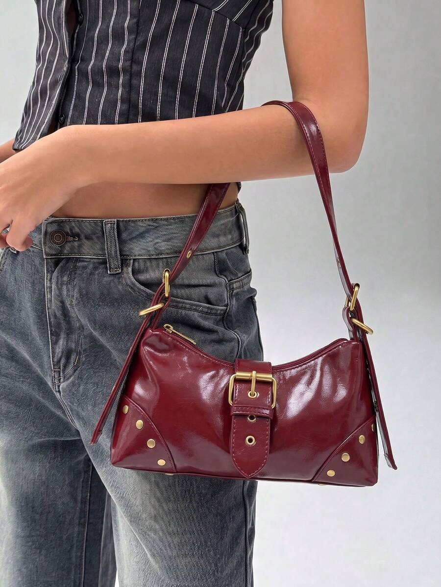 Retro Maillard Soft, Aged, Brushed, Artificial Leather Motorcycle Packaging Decoration Shoulder Underarm Bag, French Stick Bag, Square Bag