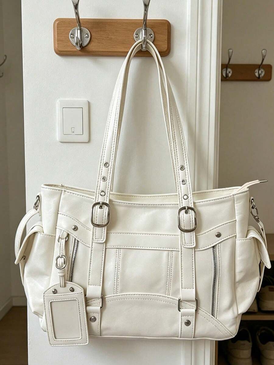 Metal Buckle Pendant Decor, Large Capacity Storage With Zipper Closure, Suitable For Daily Commute And Travel, Can Be Paired With Shoulder Strap For Multiple Carrying Styles, Casual Accessory Bag, Fit
