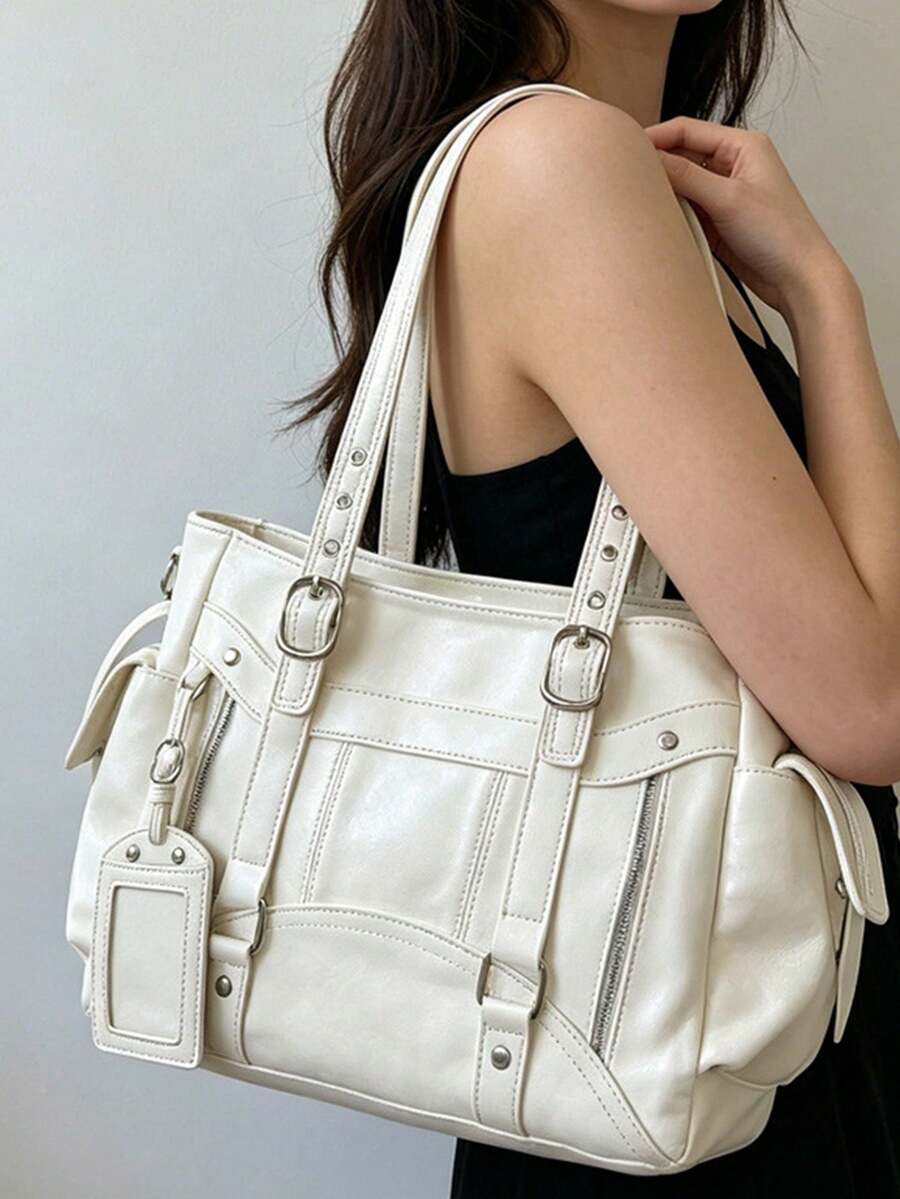 Metal Buckle Pendant Decor, Large Capacity Storage With Zipper Closure, Suitable For Daily Commute And Travel, Can Be Paired With Shoulder Strap For Multiple Carrying Styles, Casual Accessory Bag, Fit