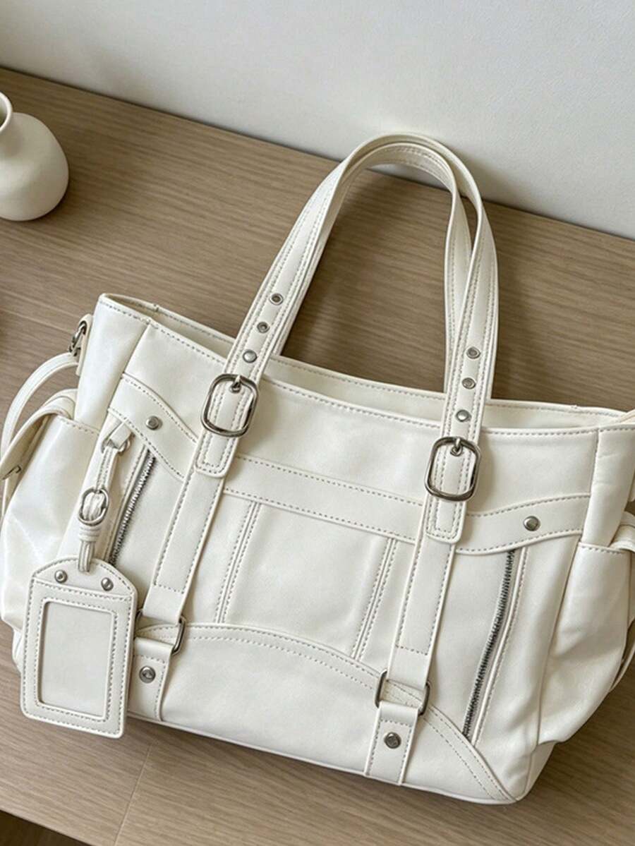 Metal Buckle Pendant Decor, Large Capacity Storage With Zipper Closure, Suitable For Daily Commute And Travel, Can Be Paired With Shoulder Strap For Multiple Carrying Styles, Casual Accessory Bag, Fit
