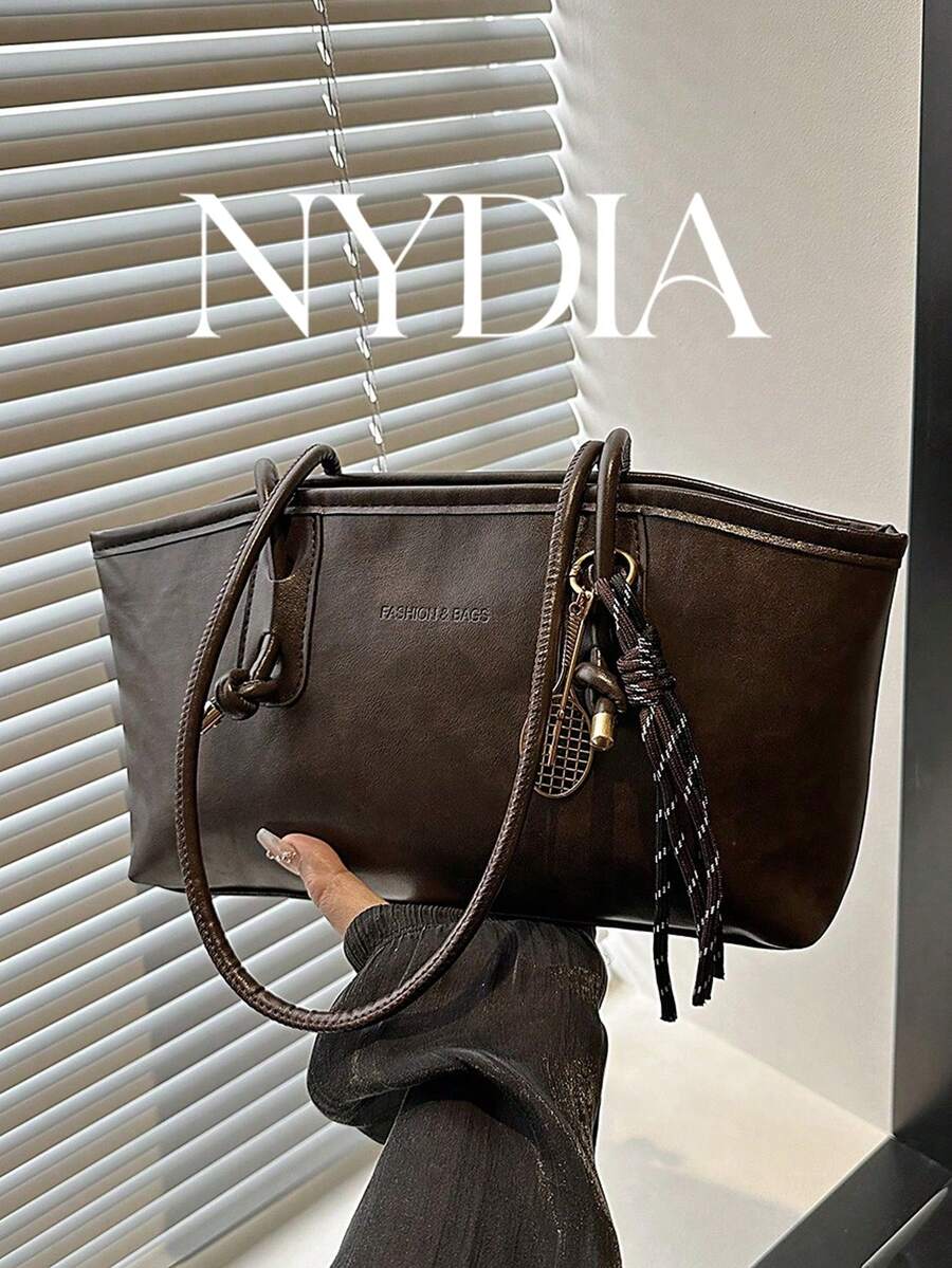 1PC Soft Long Tote Bag With Dual Long Handles, Knot Metal Closure Decoration, Badminton-Shaped Woven Strap Charm, Embossed Letter Logo, Gentle Girl Style Commuter Knot Handbag Design, Convertible Shou