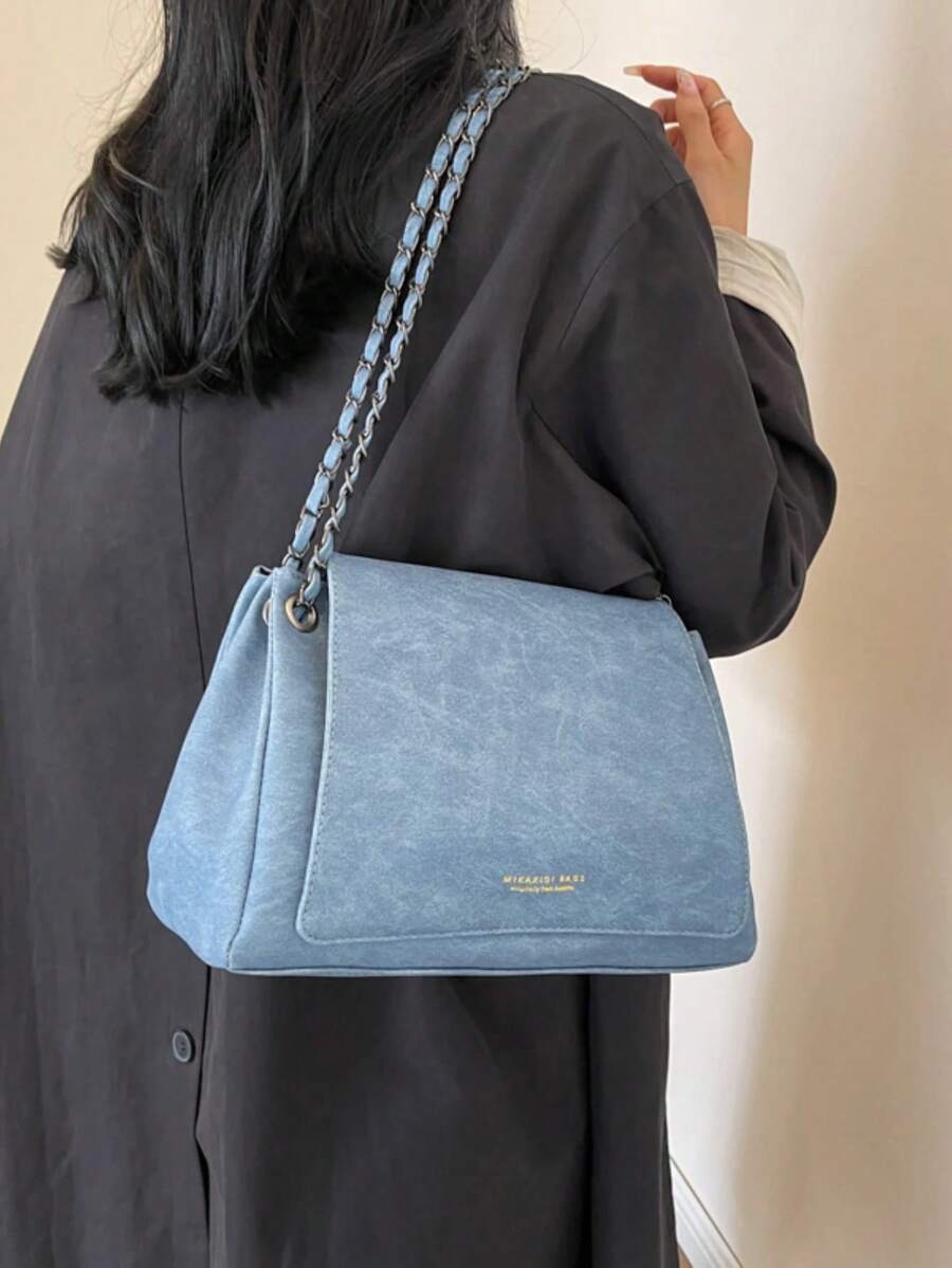 Elegant Solid Color Chain Bag, Women's 2026 New Textured Flap Large Capacity Commuter Shoulder Crossbody Bag