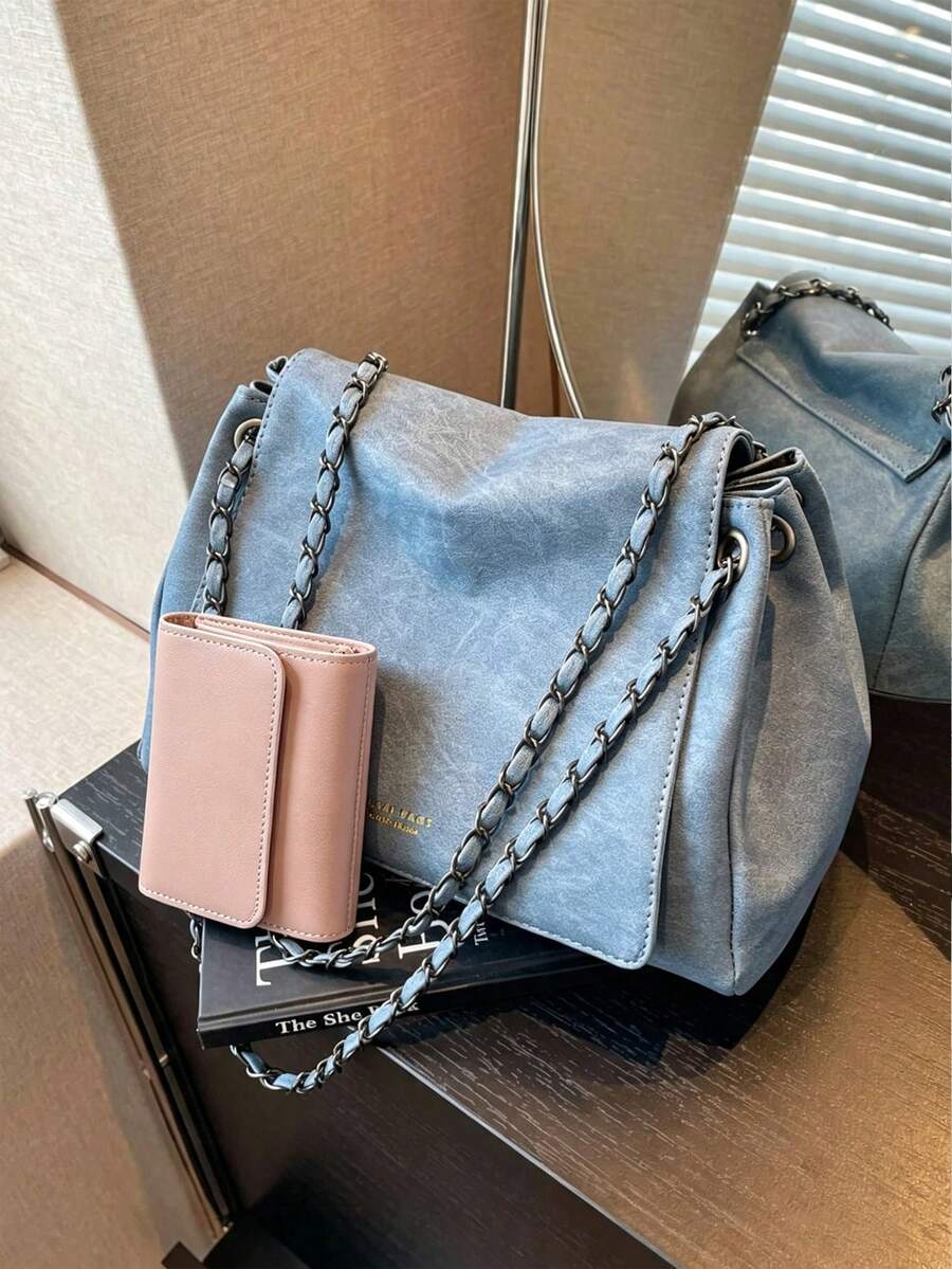 Elegant Solid Color Chain Bag, Women's 2026 New Textured Flap Large Capacity Commuter Shoulder Crossbody Bag