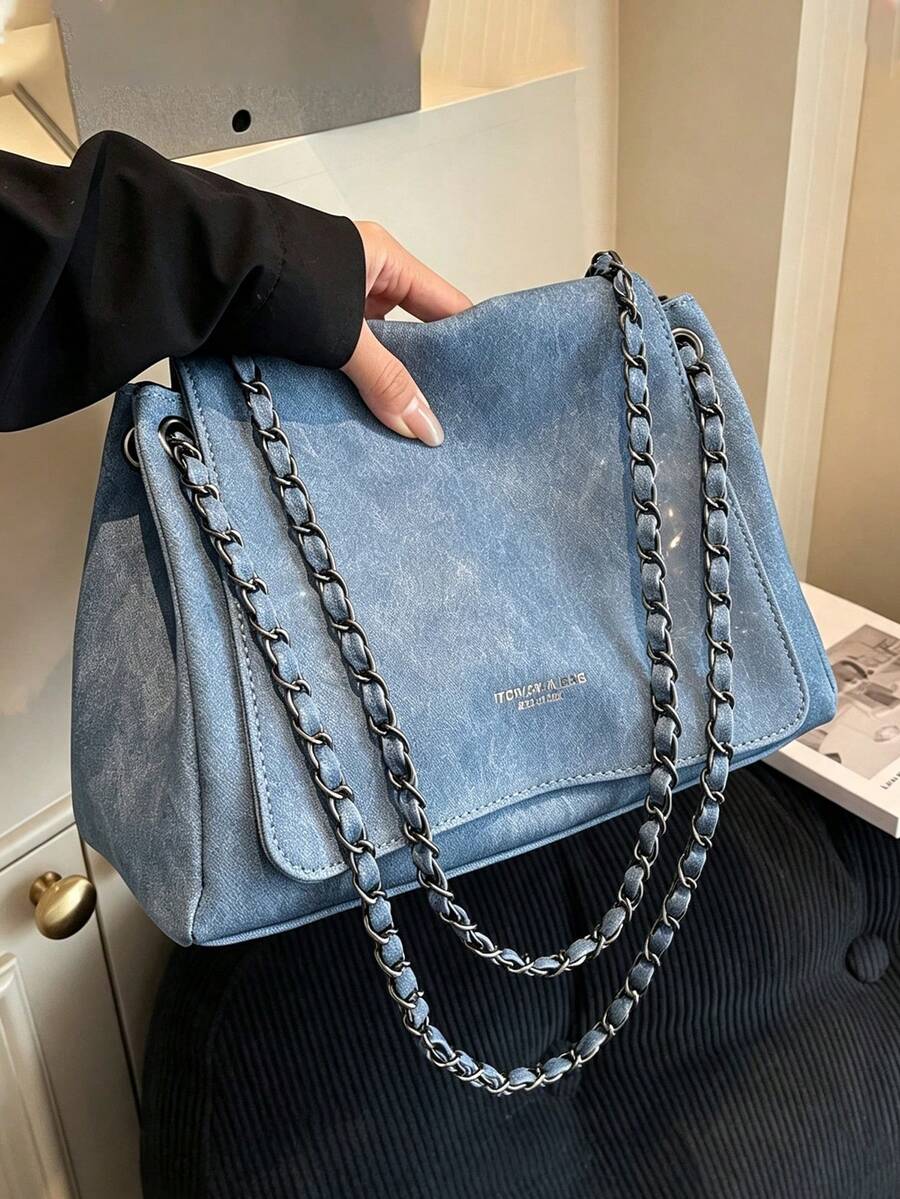Elegant Solid Color Chain Bag, Women's 2026 New Textured Flap Large Capacity Commuter Shoulder Crossbody Bag