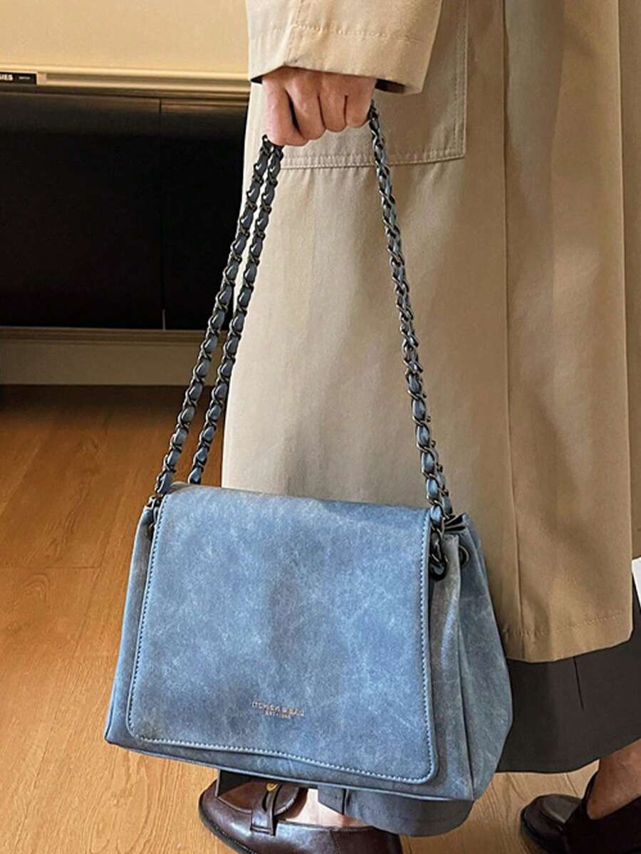 Elegant Solid Color Chain Bag, Women's 2026 New Textured Flap Large Capacity Commuter Shoulder Crossbody Bag