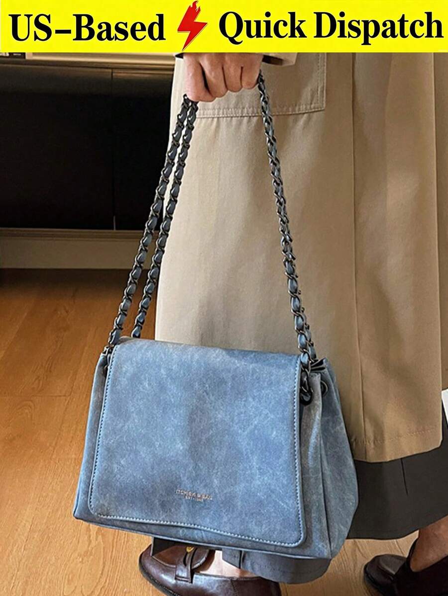 Elegant Solid Color Chain Bag, Women's 2026 New Textured Flap Large Capacity Commuter Shoulder Crossbody Bag