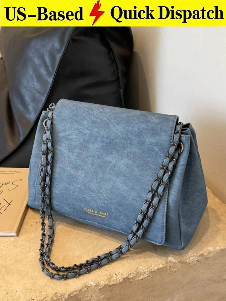 Elegant Solid Color Chain Bag, Women's 2026 New Textured Flap Large Capacity Commuter Shoulder Crossbody Bag