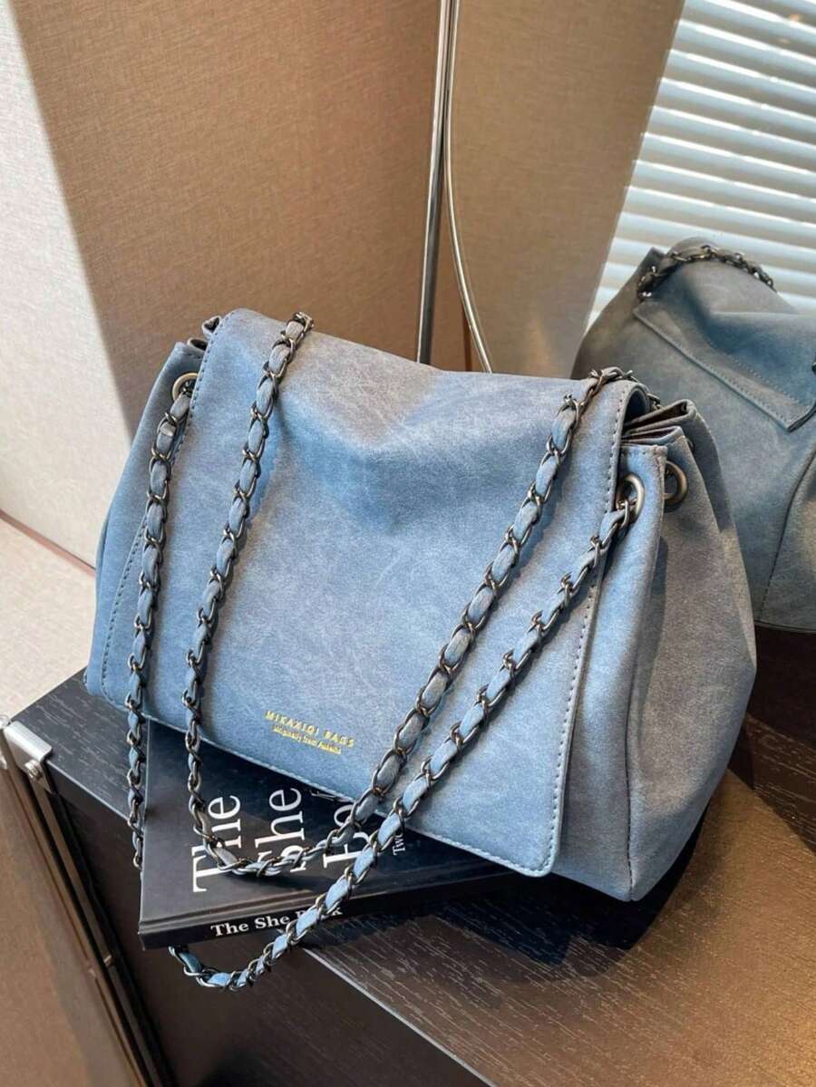 Elegant Solid Color Chain Bag, Women's 2026 New Textured Flap Large Capacity Commuter Shoulder Crossbody Bag