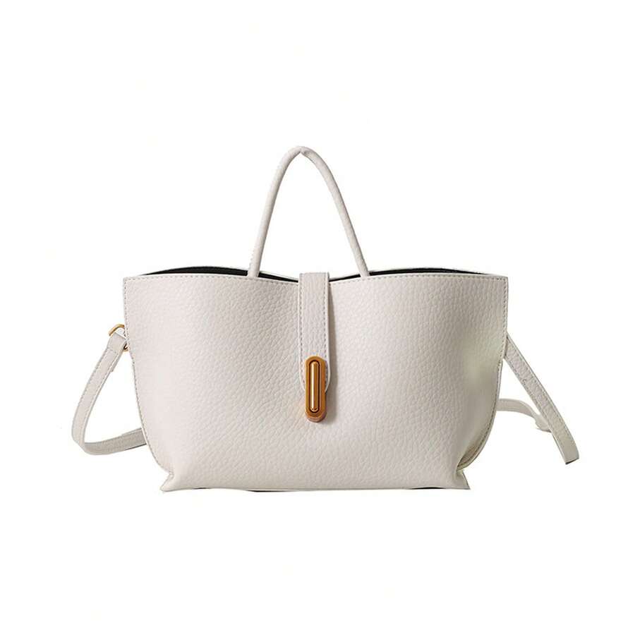 Elegant Textured Top‑Handle Tote Bag For Women, Metal Lock Decor PU Handbag, Removable Strap Crossbody Shoulder Purse