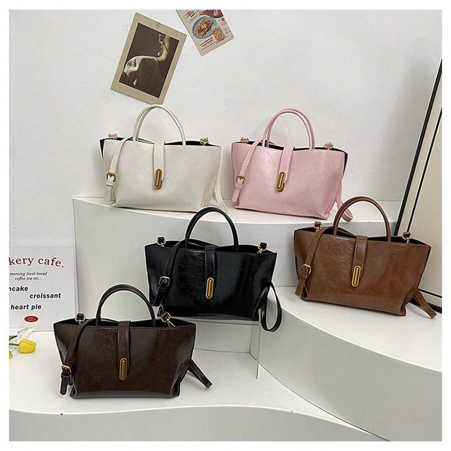 Elegant Textured Top‑Handle Tote Bag For Women, Metal Lock Decor PU Handbag, Removable Strap Crossbody Shoulder Purse