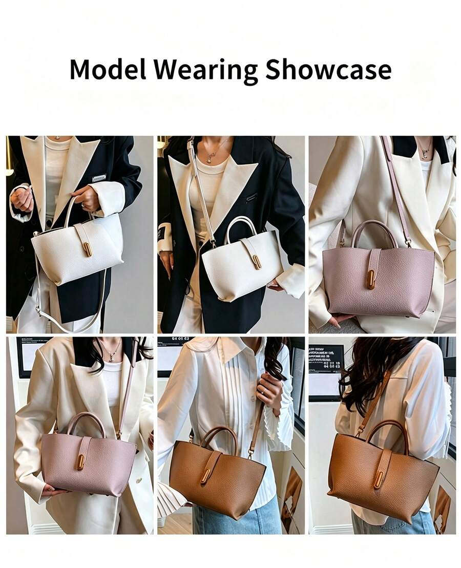 Elegant Textured Top‑Handle Tote Bag For Women, Metal Lock Decor PU Handbag, Removable Strap Crossbody Shoulder Purse