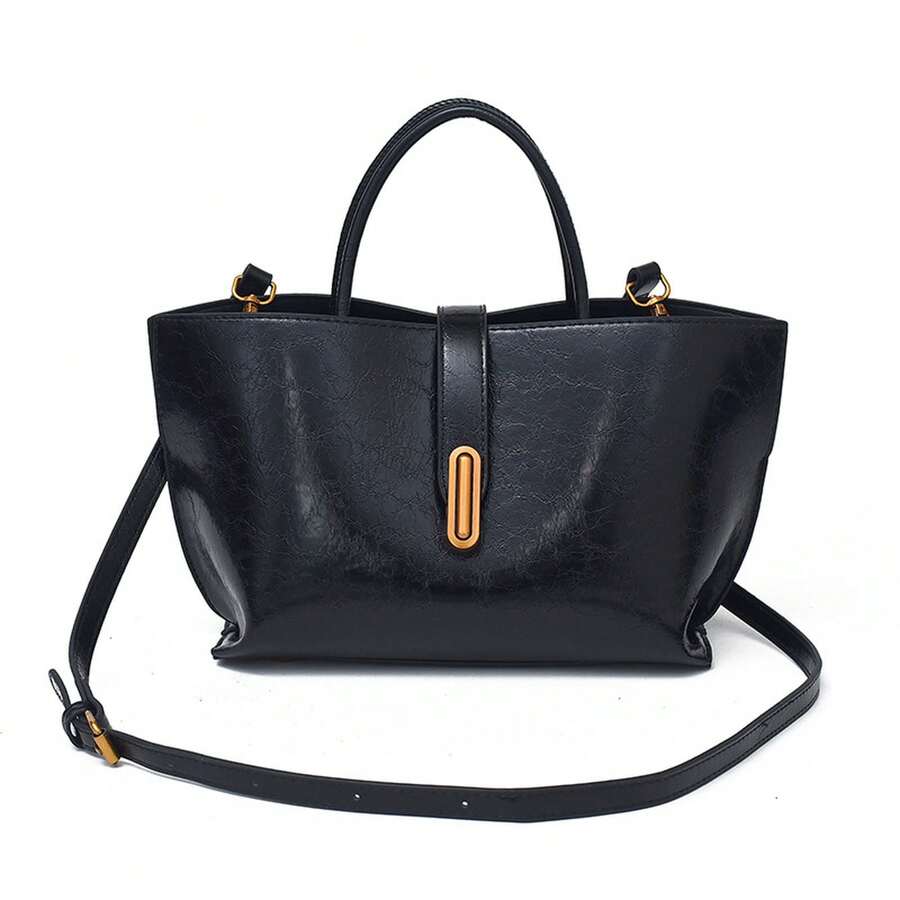 Elegant Textured Top‑Handle Tote Bag For Women, Metal Lock Decor PU Handbag, Removable Strap Crossbody Shoulder Purse