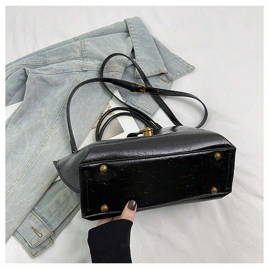 Elegant Textured Top‑Handle Tote Bag For Women, Metal Lock Decor PU Handbag, Removable Strap Crossbody Shoulder Purse