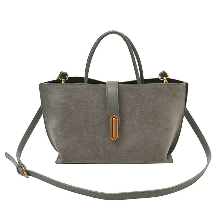 Elegant Textured Top‑Handle Tote Bag For Women, Metal Lock Decor PU Handbag, Removable Strap Crossbody Shoulder Purse