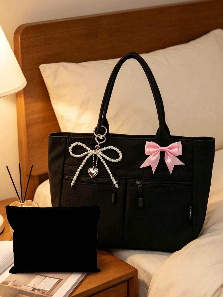 Women Sweet Canvas Tote Bag & Makeup Bag,With Bow Pearl Keychain,Cute And Sporty Large Capacity Shoulder Handbag,Multiple Pockets,For School,Office