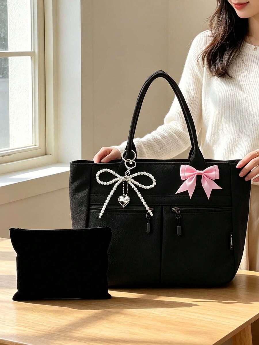 Women Sweet Canvas Tote Bag & Makeup Bag,With Bow Pearl Keychain,Cute And Sporty Large Capacity Shoulder Handbag,Multiple Pockets,For School,Office