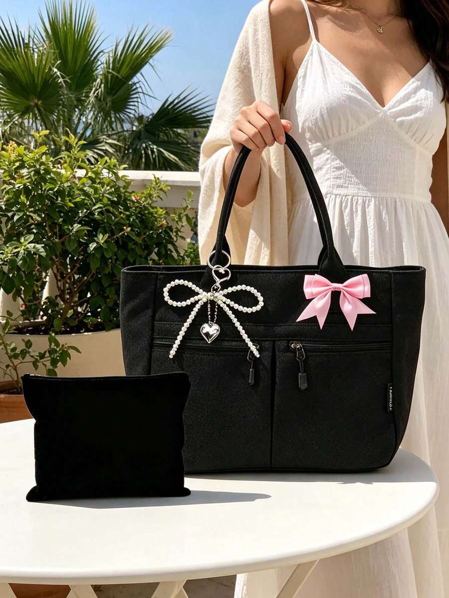 Women Sweet Canvas Tote Bag & Makeup Bag,With Bow Pearl Keychain,Cute And Sporty Large Capacity Shoulder Handbag,Multiple Pockets,For School,Office