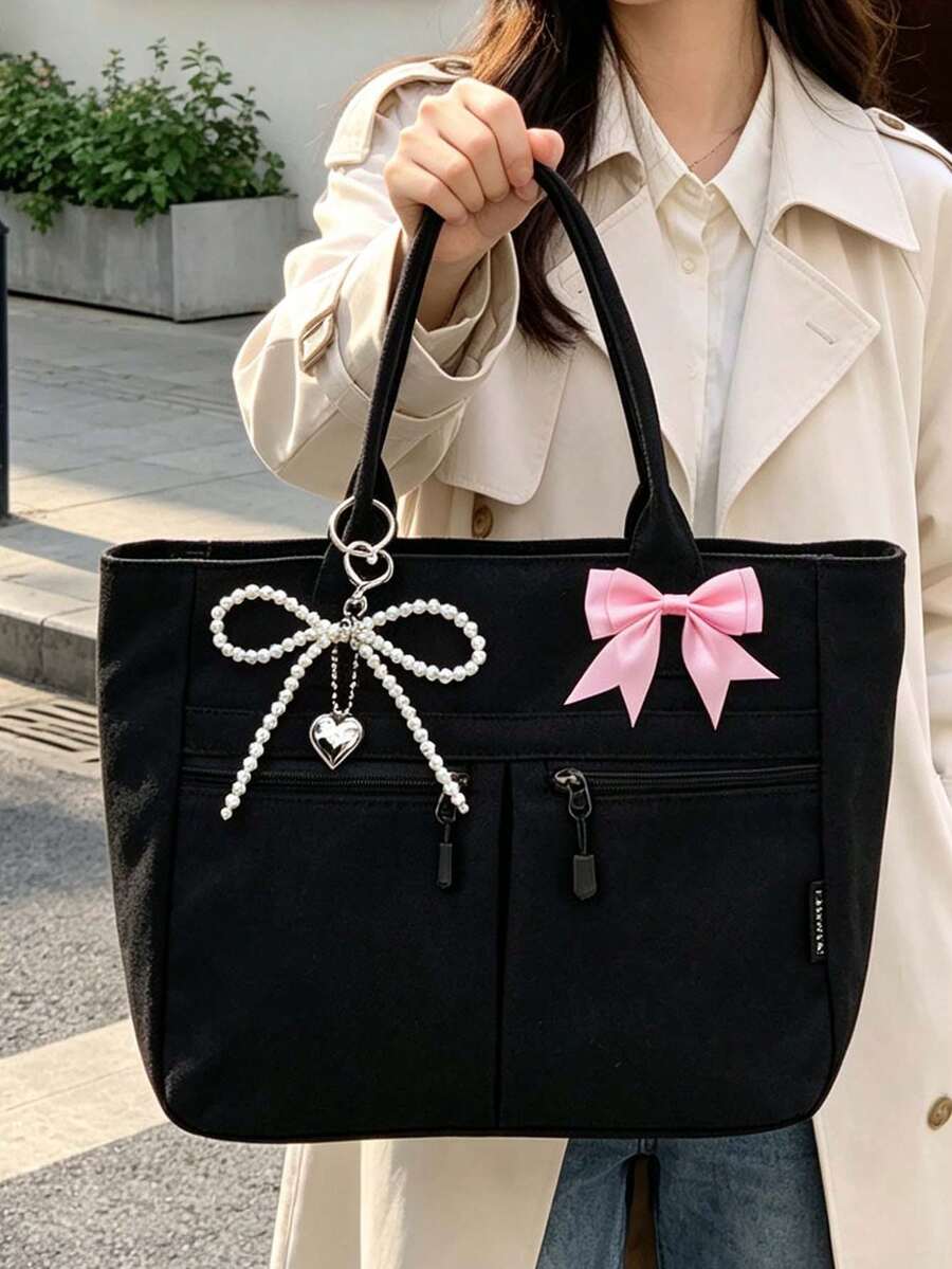Women Sweet Canvas Tote Bag & Makeup Bag,With Bow Pearl Keychain,Cute And Sporty Large Capacity Shoulder Handbag,Multiple Pockets,For School,Office