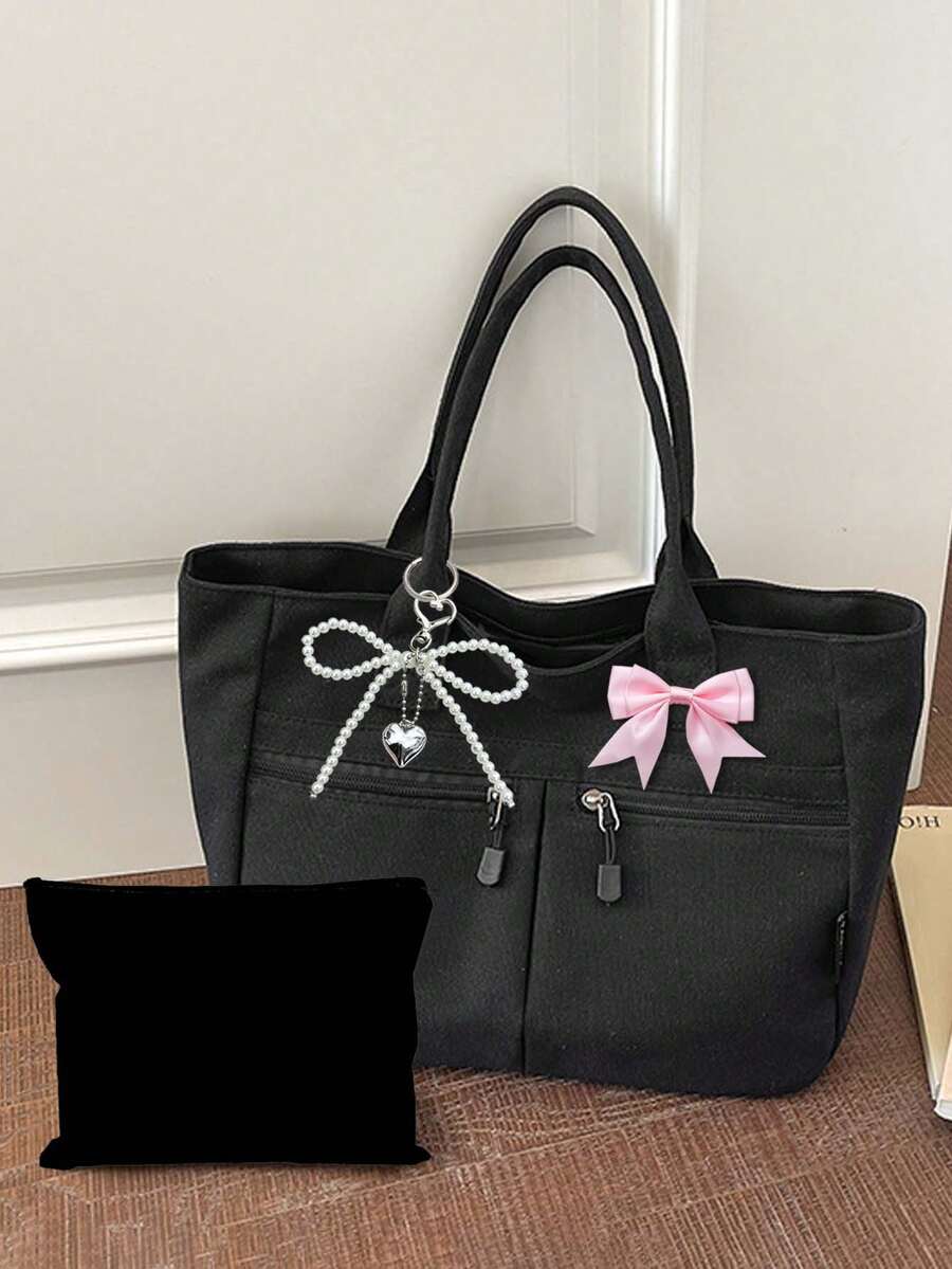 Women Sweet Canvas Tote Bag & Makeup Bag,With Bow Pearl Keychain,Cute And Sporty Large Capacity Shoulder Handbag,Multiple Pockets,For School,Office