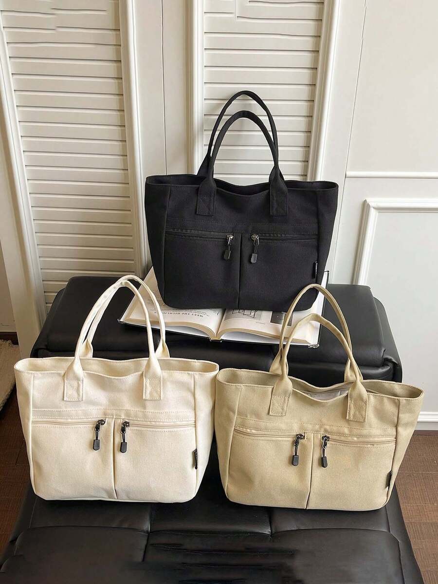 Women Sweet Canvas Tote Bag & Makeup Bag,With Bow Pearl Keychain,Cute And Sporty Large Capacity Shoulder Handbag,Multiple Pockets,For School,Office