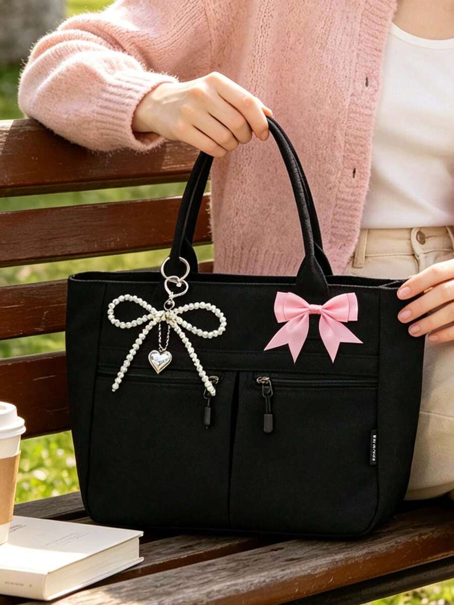 Women Sweet Canvas Tote Bag & Makeup Bag,With Bow Pearl Keychain,Cute And Sporty Large Capacity Shoulder Handbag,Multiple Pockets,For School,Office
