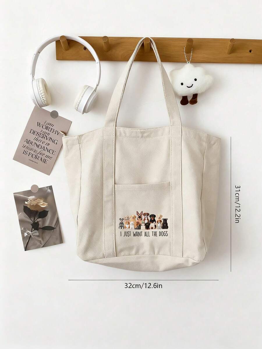 Cute Dog Print 2-Piece Canvas Tote Bag Set, Polka Dot/Round Bow Scarf Decoration, Large Capacity Handbag/Shoulder Bag, Matching Print Coin Purse, Portable Shoulder Bag, Lightweight Commuter Shopping B