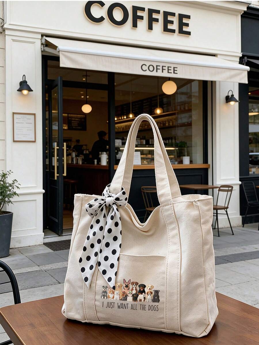 Cute Dog Print 2-Piece Canvas Tote Bag Set, Polka Dot/Round Bow Scarf Decoration, Large Capacity Handbag/Shoulder Bag, Matching Print Coin Purse, Portable Shoulder Bag, Lightweight Commuter Shopping B