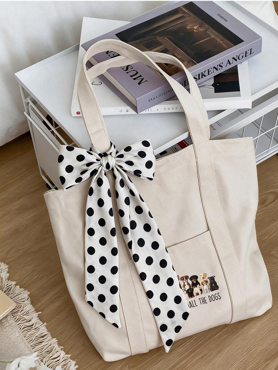 Cute Dog Print 2-Piece Canvas Tote Bag Set, Polka Dot/Round Bow Scarf Decoration, Large Capacity Handbag/Shoulder Bag, Matching Print Coin Purse, Portable Shoulder Bag, Lightweight Commuter Shopping B