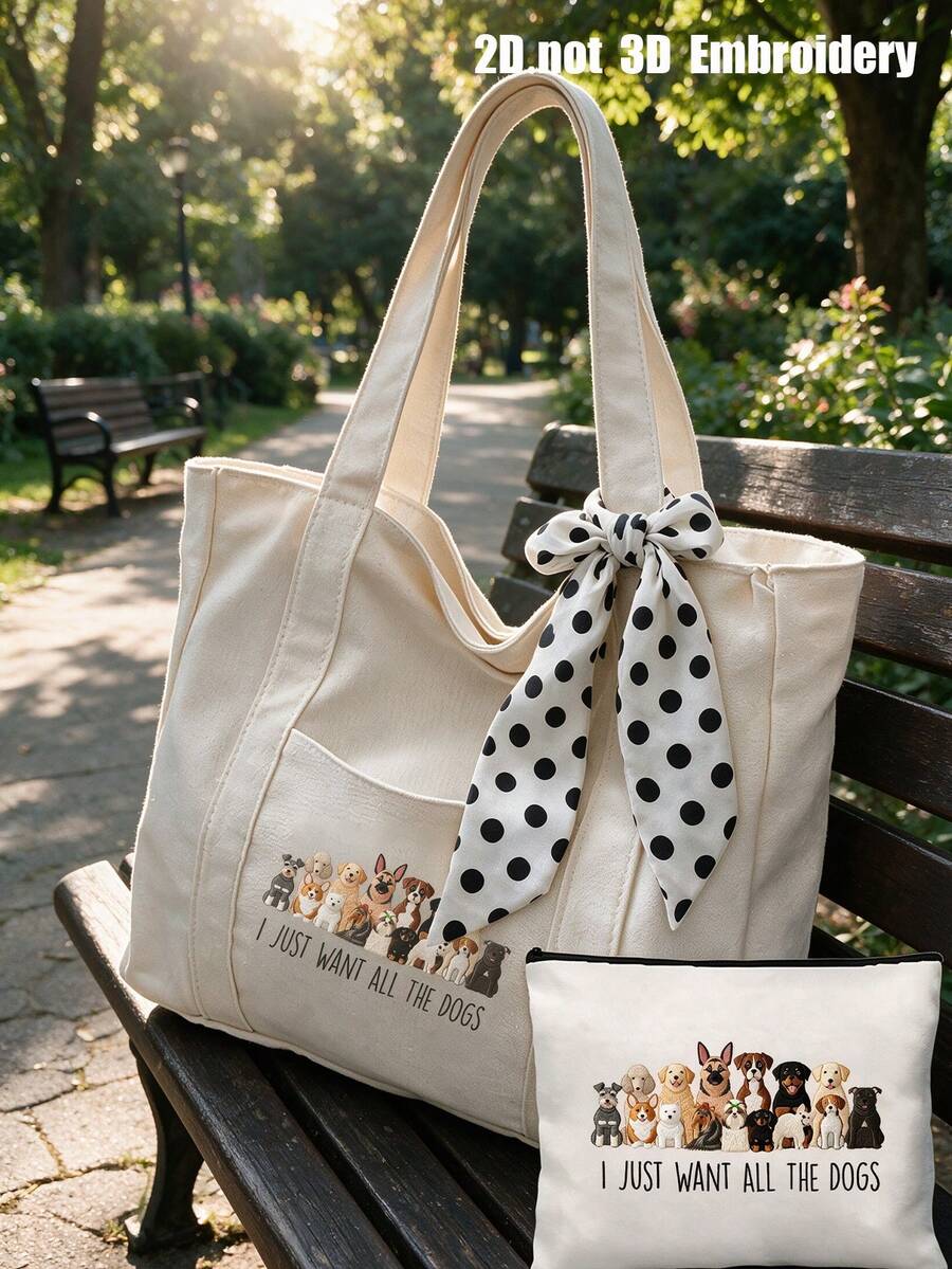 Cute Dog Print 2-Piece Canvas Tote Bag Set, Polka Dot/Round Bow Scarf Decoration, Large Capacity Handbag/Shoulder Bag, Matching Print Coin Purse, Portable Shoulder Bag, Lightweight Commuter Shopping B