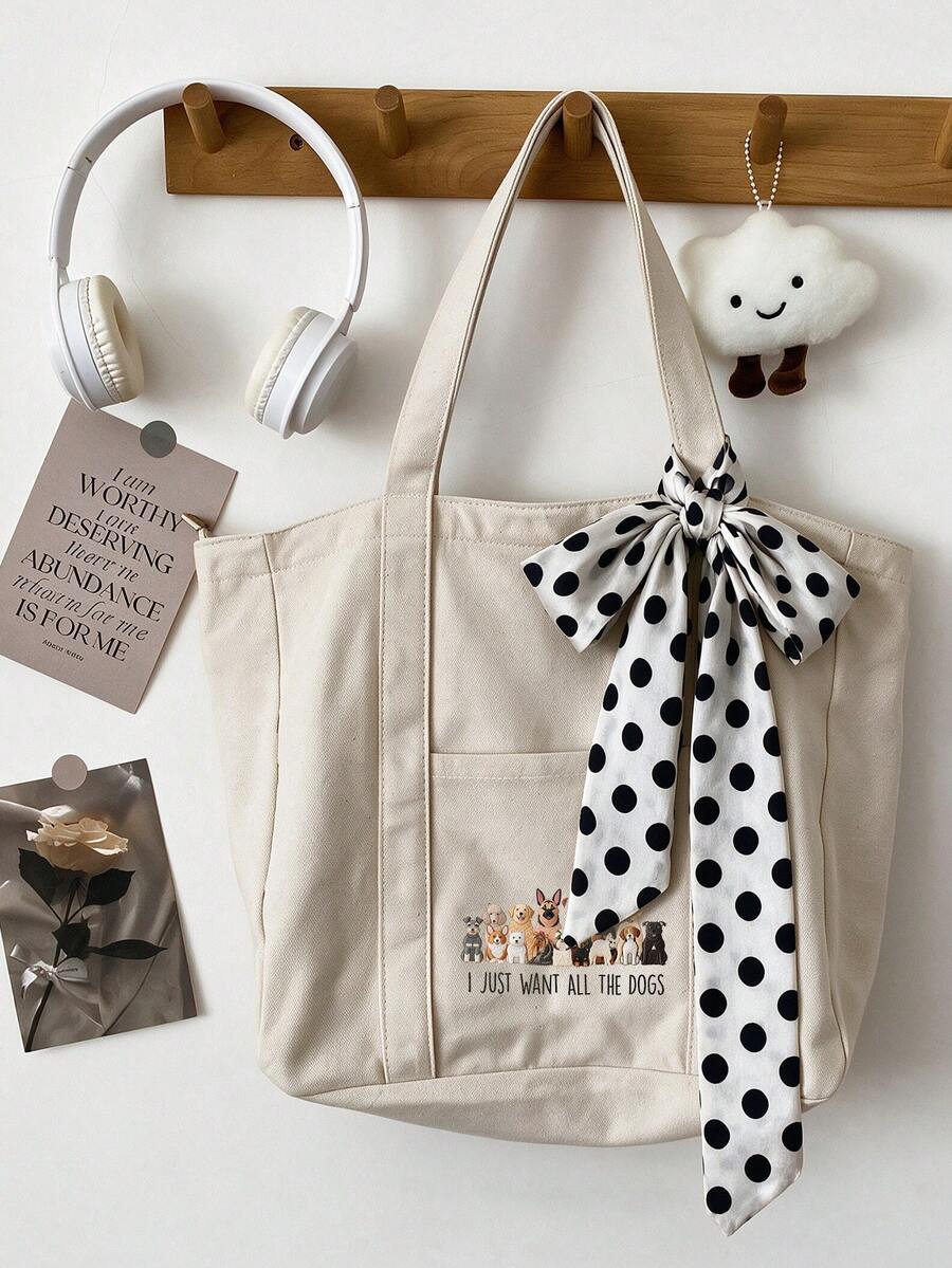 Cute Dog Print 2-Piece Canvas Tote Bag Set, Polka Dot/Round Bow Scarf Decoration, Large Capacity Handbag/Shoulder Bag, Matching Print Coin Purse, Portable Shoulder Bag, Lightweight Commuter Shopping B