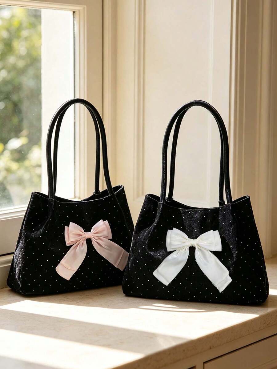 Women New Tote Bag With Organza Bow,Polka-Dot Ruched Shoulder Bag,Large Capacity Shoulder Handbag,Fashionable Bow Purse,For School,Office,Perfect Gift
