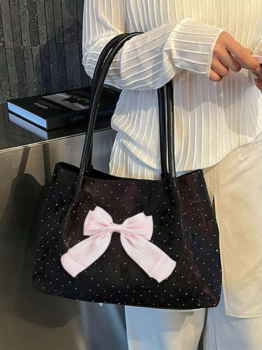 Women New Tote Bag With Organza Bow,Polka-Dot Ruched Shoulder Bag,Large Capacity Shoulder Handbag,Fashionable Bow Purse,For School,Office,Perfect Gift