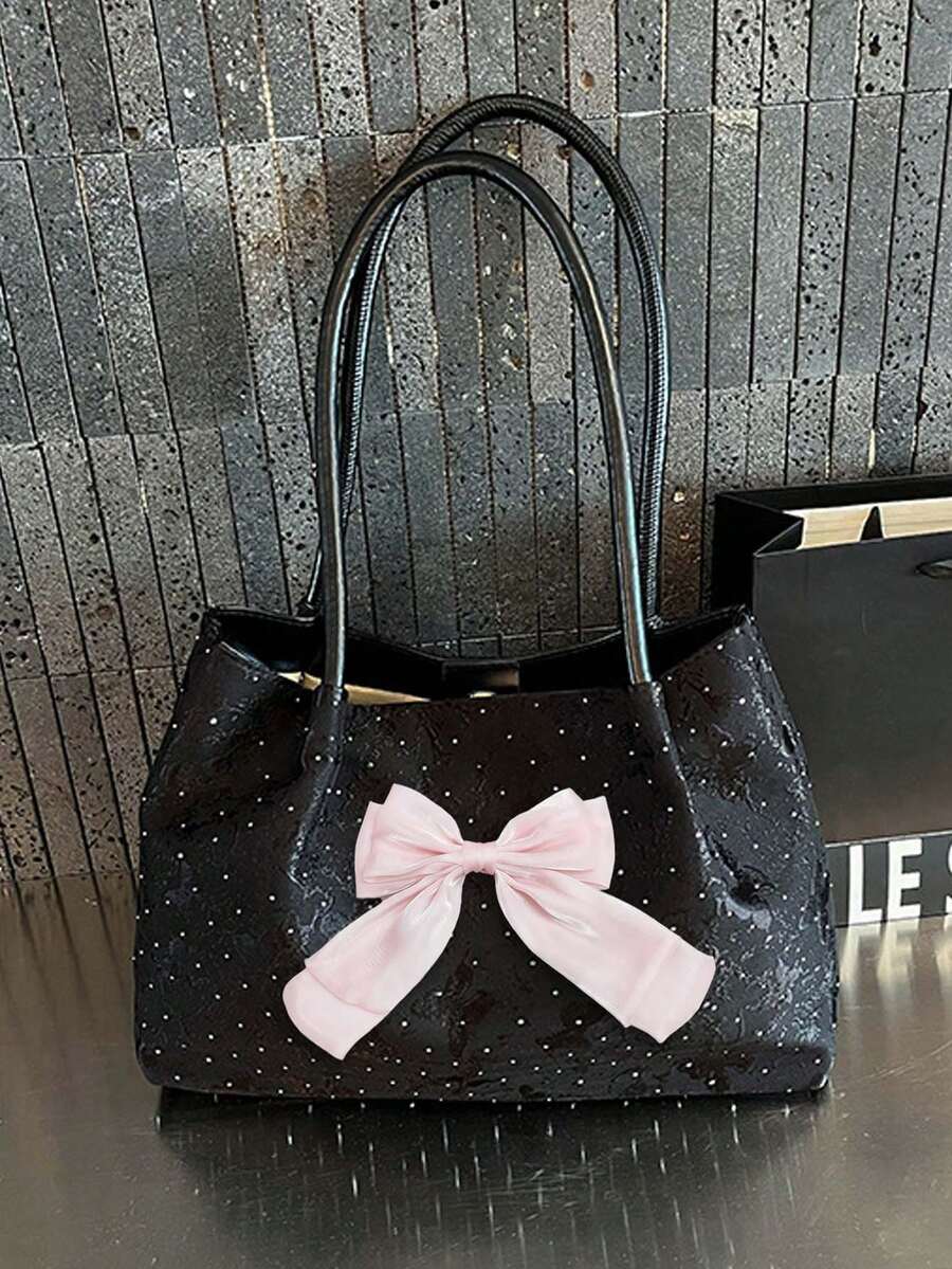 Women New Tote Bag With Organza Bow,Polka-Dot Ruched Shoulder Bag,Large Capacity Shoulder Handbag,Fashionable Bow Purse,For School,Office,Perfect Gift
