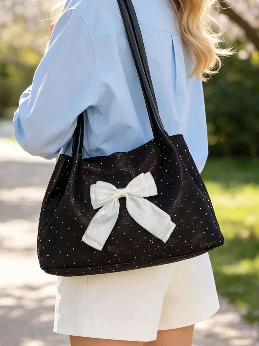 Women New Tote Bag With Organza Bow,Polka-Dot Ruched Shoulder Bag,Large Capacity Shoulder Handbag,Fashionable Bow Purse,For School,Office,Perfect Gift