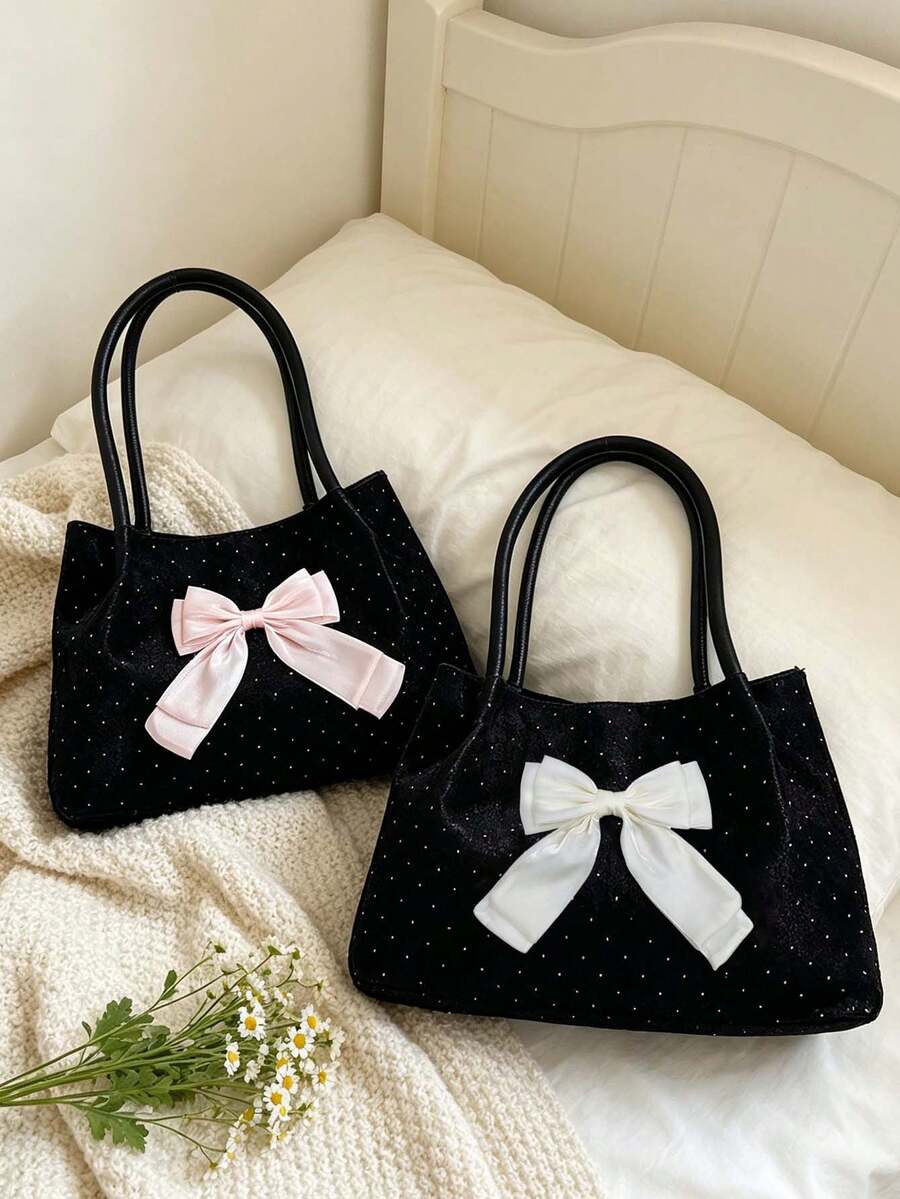 Women New Tote Bag With Organza Bow,Polka-Dot Ruched Shoulder Bag,Large Capacity Shoulder Handbag,Fashionable Bow Purse,For School,Office,Perfect Gift