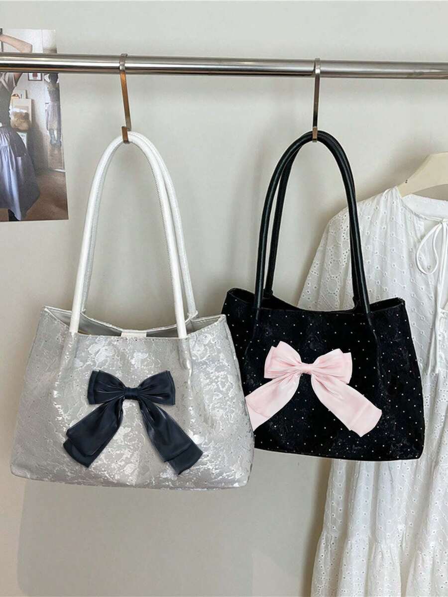 Women New Tote Bag With Organza Bow,Polka-Dot Ruched Shoulder Bag,Large Capacity Shoulder Handbag,Fashionable Bow Purse,For School,Office,Perfect Gift