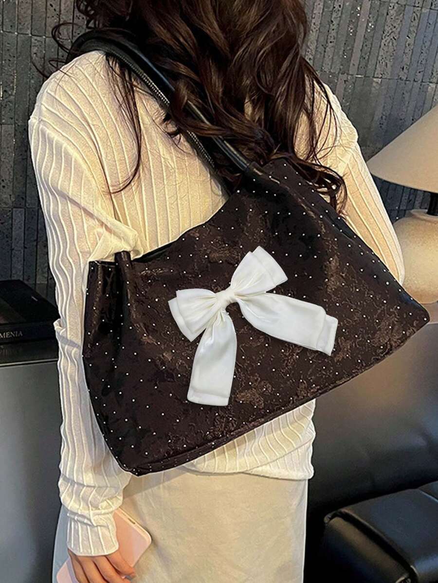 Women New Tote Bag With Organza Bow,Polka-Dot Ruched Shoulder Bag,Large Capacity Shoulder Handbag,Fashionable Bow Purse,For School,Office,Perfect Gift