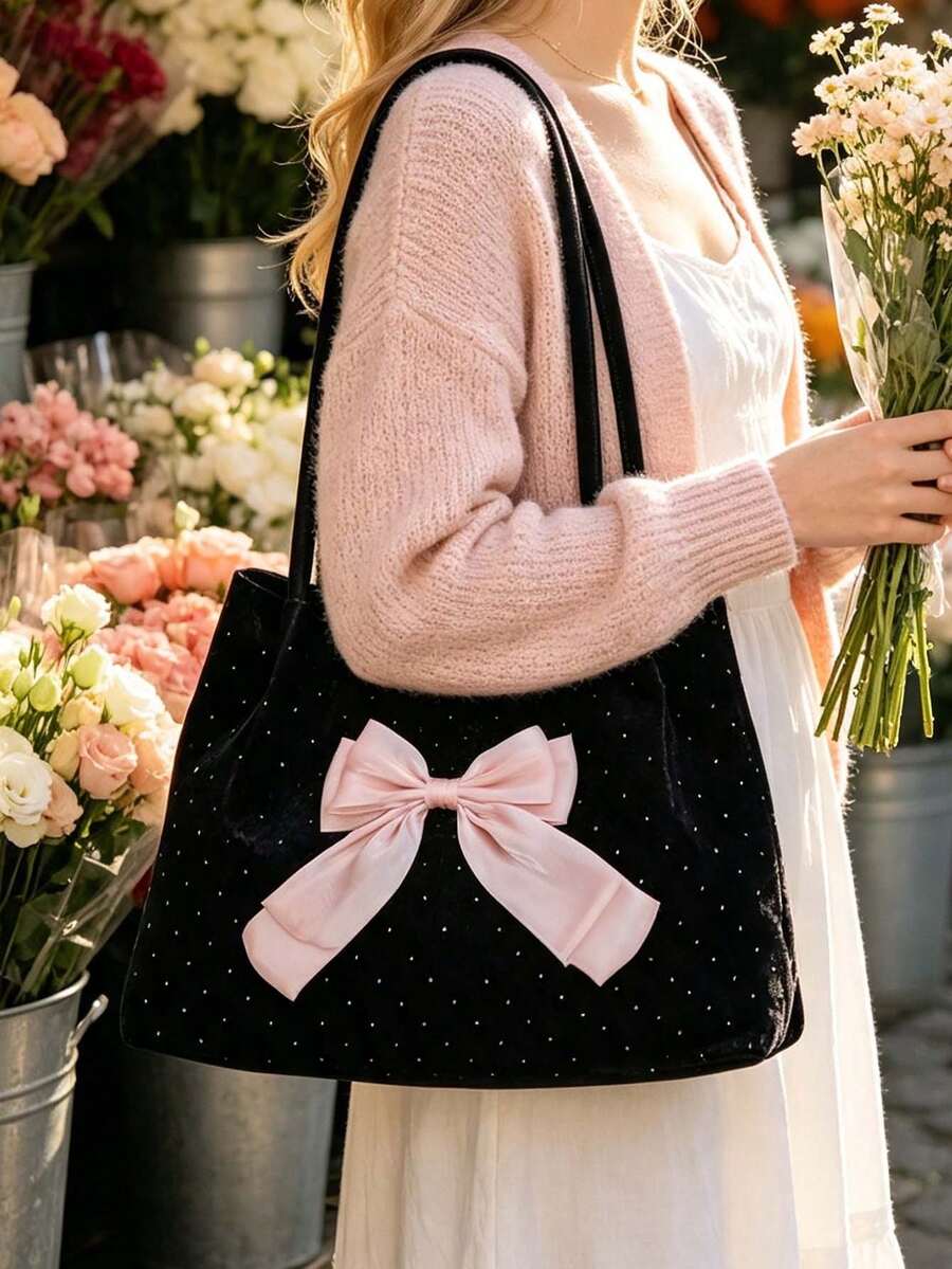 Women New Tote Bag With Organza Bow,Polka-Dot Ruched Shoulder Bag,Large Capacity Shoulder Handbag,Fashionable Bow Purse,For School,Office,Perfect Gift