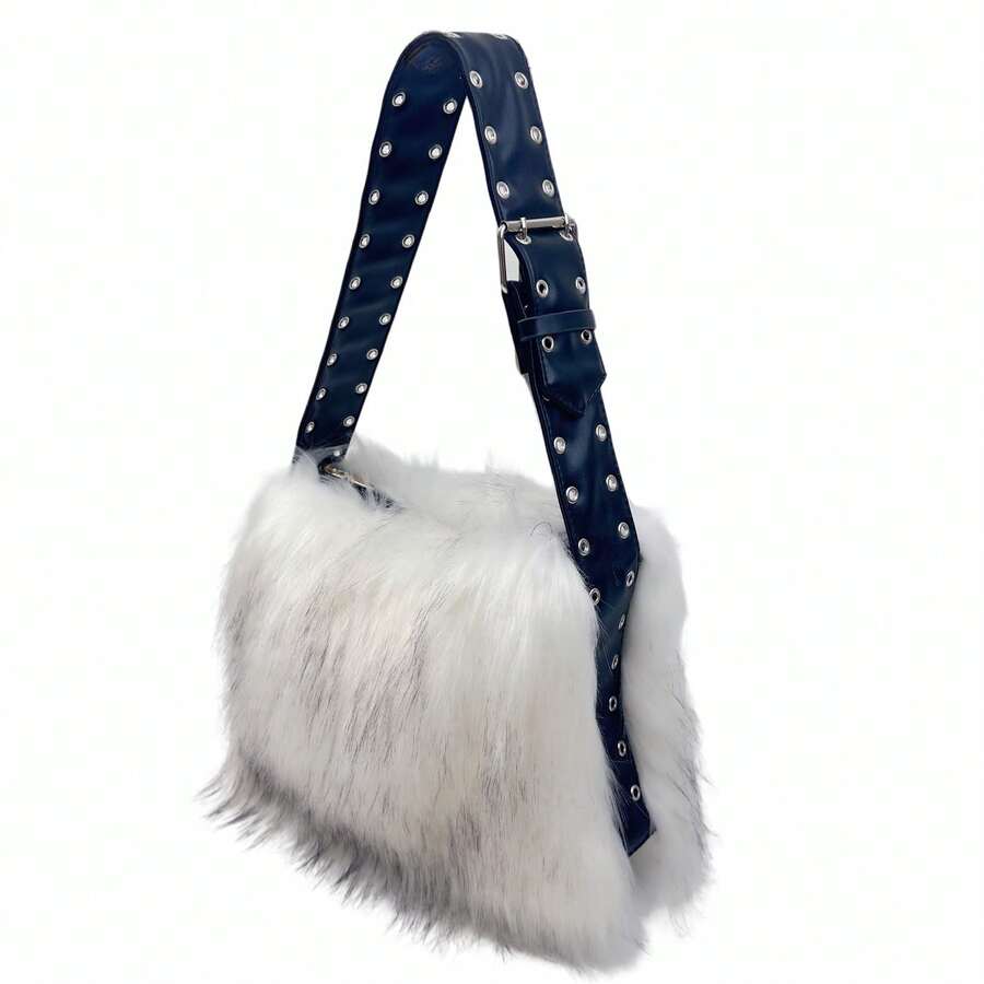1Pc Shaggy Faux Fur Shoulder Bag, Rivet Decor Adjustable Wide Strap Hobo Bag, Punk Style Fluffy Casual Handbag For Women