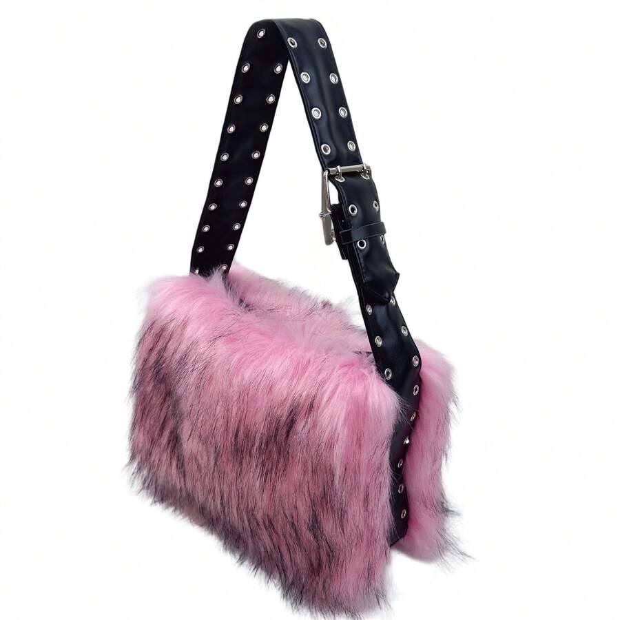 1Pc Shaggy Faux Fur Shoulder Bag, Rivet Decor Adjustable Wide Strap Hobo Bag, Punk Style Fluffy Casual Handbag For Women